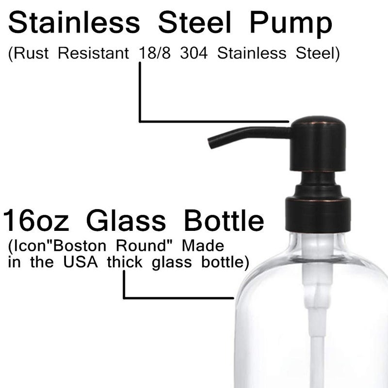 CHBJDAN 2 Pack Thick Clear Glass Boston Round Bottles /Oil Rubbed Bronze Stainless Steel Pumps, 16 Ounce Jar Soap Dispenser with Rustproof Pump for Essential Oil, Liquid Soap - Image 3